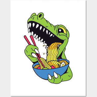 T-rex Dinosaur Eating Ramen Posters and Art